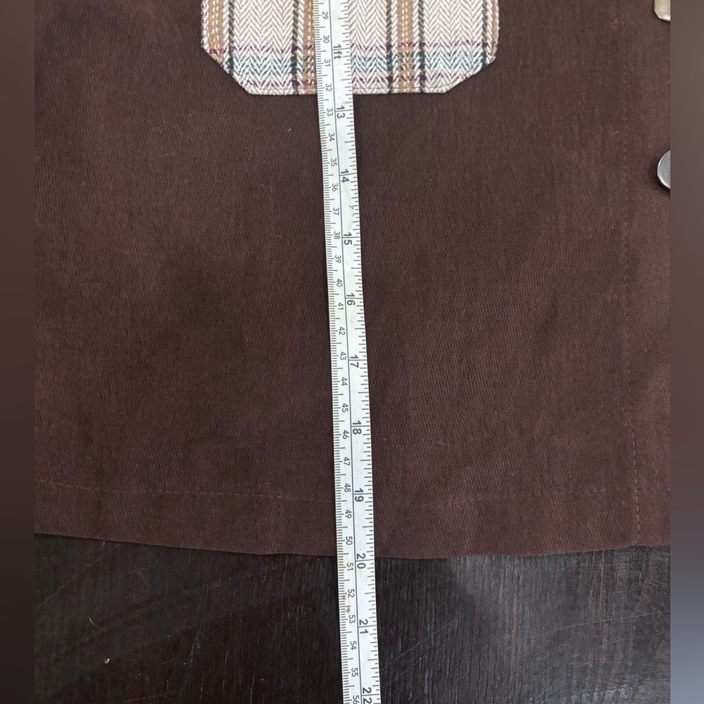 Brown & Plaid Split Patchwork Quilted Style Cropped Shacket Shirt Size Large - Picture 8 of 10